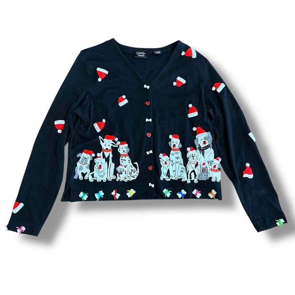 Vintage Christine Rotelli Holiday Cardigan Sweater S Dog Santa Ugly Christmas